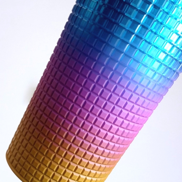 Starbucks Ombre Blue Mustard Pink Grid 24 oz Cold Cup Tumbler w Lid & Straw NWT - Picture 12 of 14